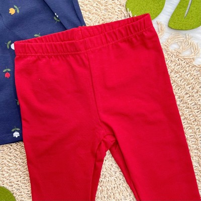 Conj. Bata Manga Longa Florzinhas e Calça Legging - Marinho e Vermelho